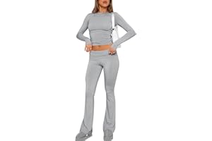 ROFUSSO Verano Mujeres Dos Piezas Lounge Set Slim Fit Tops de Manga Corta y Yoga Flare Pantalones Chándal Leisure Outfit Fitness Conjunto Deportivo
