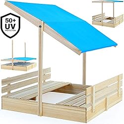 Deuba Bac à Sable 120x120x120cm avec Toit à Hauteur réglable Hydrofuge bancs intégrés Jeu Jardin Enfant