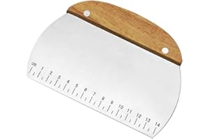 TINMIX Edelstahl Teigschaber mit Rutschfestem Holzgriff und Messskala Teigspachtel Teigkarte Backen Teigschneider Gebäckschaber für die Küche Teigkuchen Pizzaschneider Halbkreis