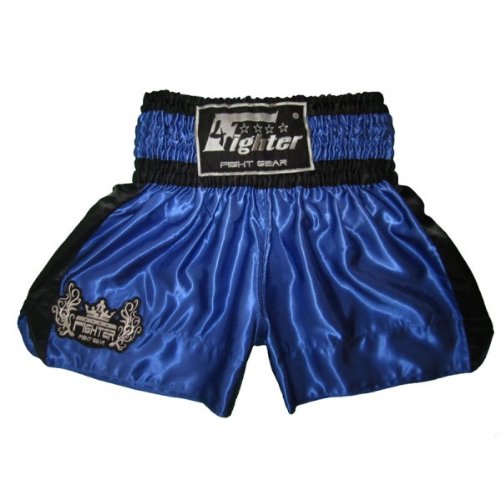 4Fighter Short de Muay Thai Classic Bleu-Noir avec de Logo sur la Jambe