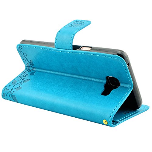 Galaxy A5 (2016) Hülle, Fraelc® Handyhülle Samsung Galaxy A510F 2016 Lederhülle Flip Tasche mit Kartenfächer und Standfunktion Schmetterling Blau Muster Schutzhülle mit 1x Displayfolie + 1x Eingabestift - 4
