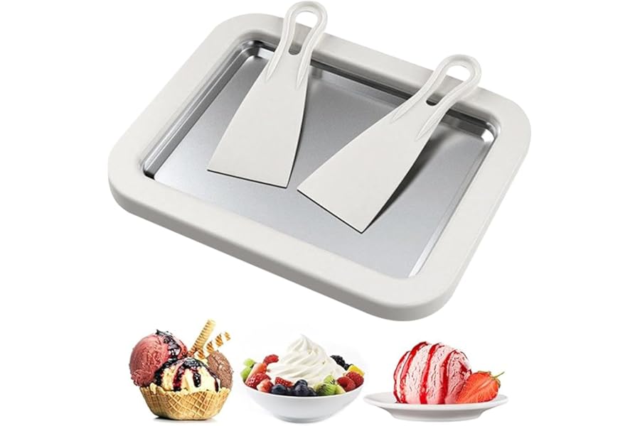 Ice Cream Roller Maker, Mini Freezable Roll Plate Stainless Steel Ice Cream Roller Pan with 2 Scrapers DIY Instant IceCream Maker for Rolled IceCream, Sorbet, Yogurt, Gelato (White)