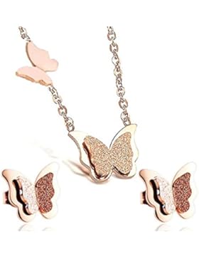 findout Rose Titan Stahl Mode Schmetterling Halskette vergoldet + Ohrring (f949)