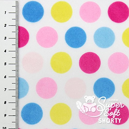 0,5m x1,5m Plüsch Stoff als SB-Produkt, gepunktet & samtweich / Teddyplüsch, EN71-3 & 71-9 zertifiziert, in schickem Design, Stoff weiß mit rosa / pink / blauen / gelben Punkten, Flor 1,5mm - 2