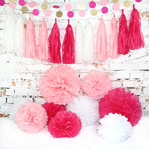 Himeland 22 Stück Pompoms Set, Papierblume mit Quaste und Girlande, Pompon Dekoration für Hochzeit/Baby-Dusche/ Geburtstagsfeier/Baumschulen-Dekoration