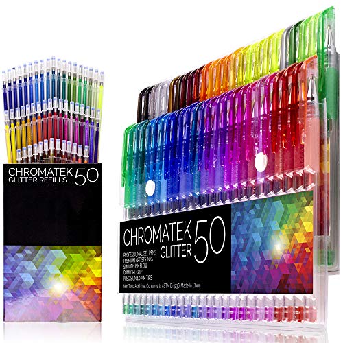 Plumas con purpurina 100 de Chromatek. Los mejores colores. 200% La tinta: 50 plumas de gel, 50 recargas. Super Glittery Ultra Vivid Colors. No se repite. Bolígrafos profesionales de arte.