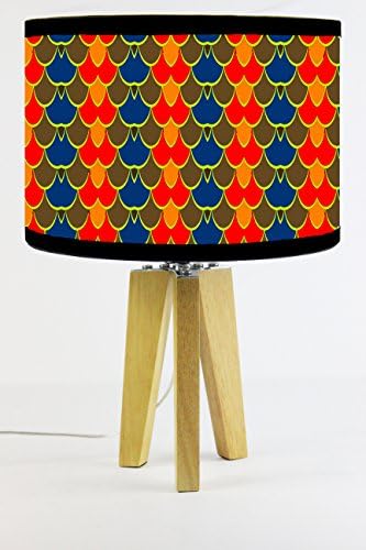 Modern Natural Wood Tripod Table Lamp Handmade Printed Shade Retro Geometric Design purple Lampshade