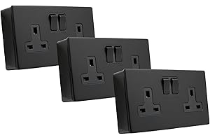 SHPELEC SHP ELECTRICAL® Screwless Matt Black Metal 2 Gang 13A Switched Socket and 25mm Surface Mount Pattress Box (2 Gang Socket + Back Box (3 Pack))