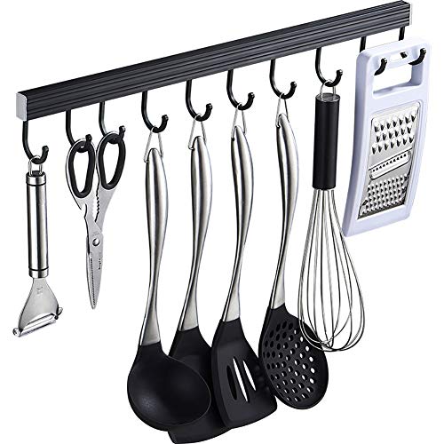 H·Aimee Barre Mural Cuisine Support de Rangement pour Ustensiles Spatule Casserole avec Crochet Mural Imperméable Non-Trace Facile Instalation sans Perçage - 50cm/10 Crochets
