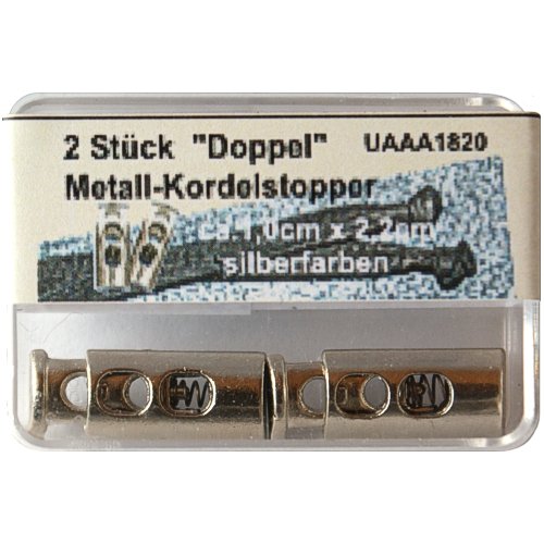2er Pack Metall Doppel Kordelstopper silberfarben, Zylinderkordel - Stopper in Plastbox, 1820