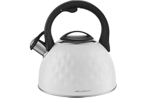 FLORINA Bouilloire (2,5 l) | Bouilloire en acier inoxydable DIAMANTE | Bouilloire à sifflet avec poignée en silicone | Bouilloire pour cuisinière à induction, à gaz et électrique | Couleur : Blanc