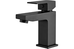 HPWVKVDB Black Bathroom Taps Square Basin Mixer Tap, Monobloc Bathroom Sink Taps 1 Hole Basin Taps with Hot and Cold Hoses for Bathroom, Washroom, Cloakroom, Matte Black