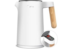 Midea Czajnik elektryczny ze stali nierdzewnej z regulacją temperatury, 1,5 litra, 2200 W, biały czajnik do herbaty ze wskaźnikiem temperatury i funkcjami bezpieczeństwa, nie zawiera BPA