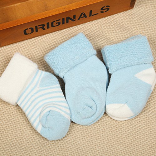 3 Pairs/set Non-slip 85% Cotton Girl Boy Kid Newborn Baby Socks Boots Booties Bootee for 0-24 Months (For 0-12 Months, Blue)