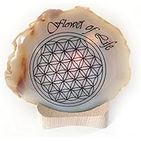 Achat Edelstein Mineralien auf Holz/Teelicht Natur einzigartig kreatives Geschenk für Geburtstag Liebe Freunde Text und Motiv: Flower of Life - Blume des Lebens