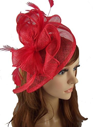 Red Sinamay &amp; Feather Teardrop Hat Fascinator - Occasion Wedding Races
