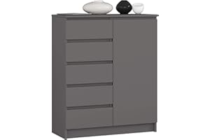 ‎AKORD AKORD Kommode K80 mit 5 Schubladen, Schrank mit 1 Tür 3 Regalböden, Für das Wohnzimmer Schlafzimmer, Moderne, 16mm Laminierte Platte, B80xH97xT35 cm, Farbe Graphitgrau & Graphitgrau
