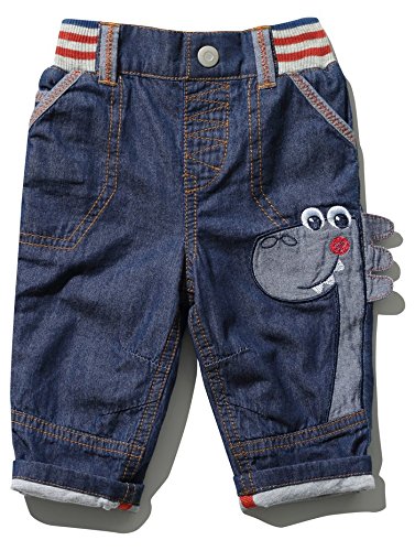 M&Co Baby Boy Dark Denim Soft Jersey 100% Cotton Ribbed Waistband Faux Stud Front Dinosaur Jeans Denim 2/3 Yr