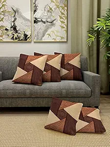 Boutique Bedding Silk Dupion Square Shape Cushion Cover Set for Living Room, Home | Sofa with Geometry Pattern (Brown, Set of 5) | 16x16 inch