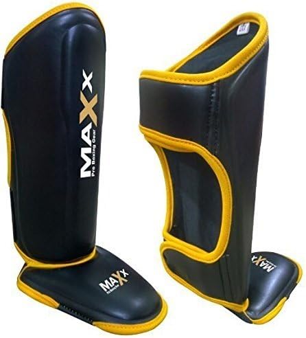 Maxx Gel tech Kids junior shin pads instep training mma kick boxing protector (Black Yellow, Xxsmall)