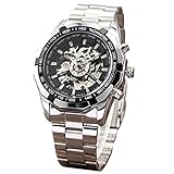 Klassik Elegant Herren Edelstahl Skelettuhr mechanische Automatikuhr Handaufzug Sport Geschäft Armbanduhr Schwarz