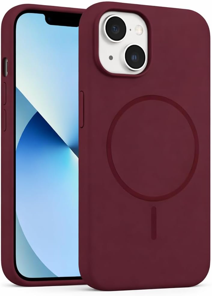 Coverzone İphone 13-14 ile Uyumlu Kadife İç Yüzeyli Premium Silikon Kılıf MagSafe ile Uyumlu Kablosuz Şarj Destekli Darbe Emici Yumuşak Dokulu Koruma Tasarımlı Telefon Kılıfı Bordo