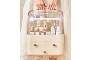 RMAN® Organizador de Maquillaje con Cajones Caja Maquillaje con Tapa Transparente Giratoria 180º Gran Capacidad Organizador Perfumes para Tocador, Baño, Dormitorio - Marrón