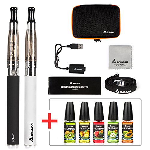 Salcar&reg; Cigarrillo electr&oacute;nico eGo-T CE4 con doble kit de iniciaci&oacute;n, bater&iacute;a recargable de 1100mAh, Vaporizador de 1,6ml + 5x 10ml set E-L&iacute;quido, 0,00 mg Nicotina ( nergo+blanco)