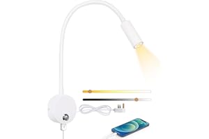 ERWEY Reading Lamp Wall Mounted, LED Wall Lamp Bedside Lamp with Switch Touch Dimmable and USB Charging Port, Bed Reading Light 360° Swivel Gooseneck Lamp with Plug and Cable for Bedroom, White
