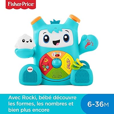 Fisher-Price Mon Ami Rocki Robot Interactif Jouet Sons et Lumières pour Apprendre à Bébé les Lettres et les Formes, 6 Mois et Plus, FXD01