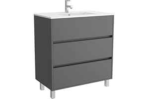 SALGAR Conjunto Mueble baño 80 cm con Lavabo 100% montado de fábrica | Modelo Arenys color Gris lacado Mate a suelo 3 cajones cierre amortiguado con Lavabo porcelana blanca | Tiradores tipo uñero