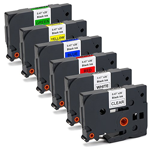 OfficeWorld 6 x Compatibile Brother TZe-131 TZe-231 TZe-431 TZe-531 TZe-631 TZe-731 Nastro Nero su Trasparente Bianco Rosso Blu Giallo Verde Compatibile per Brother P touch PT-1000 PT-1010, 12mm x 8m