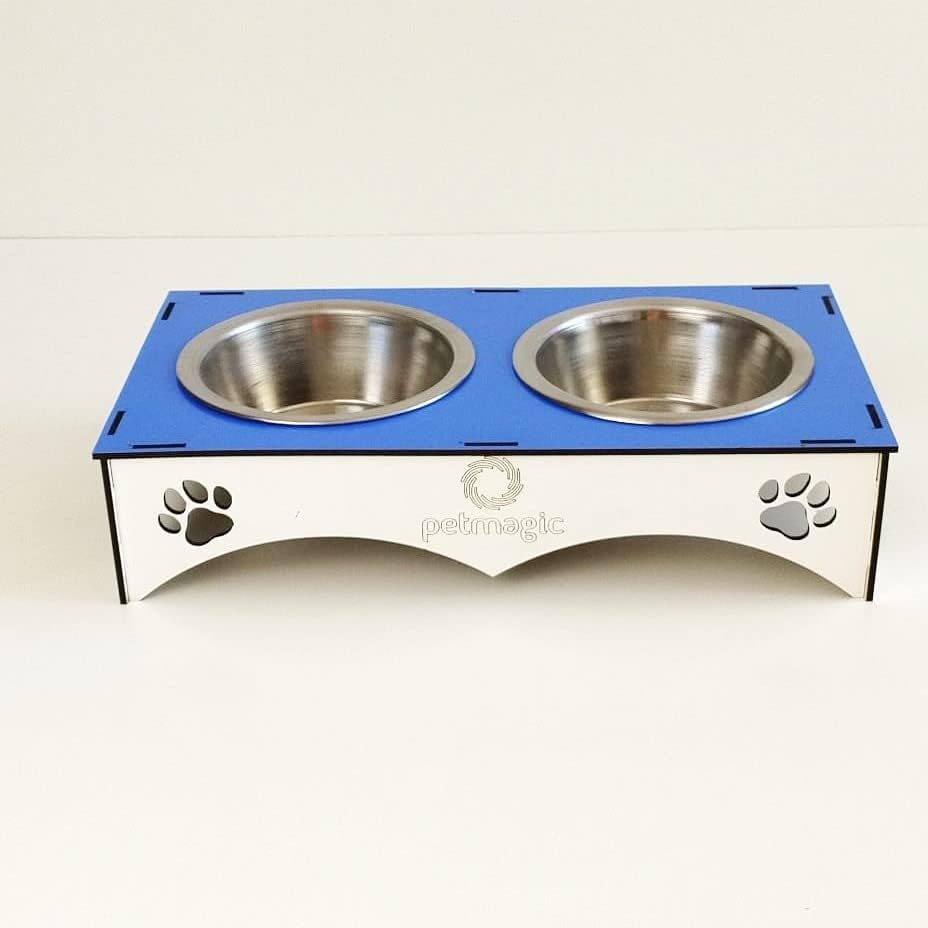 Petmagic 2'li Mama Kabı İkili Ahşap - Çelik Kap (Mavi Beyaz)
