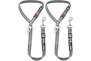 PETZANA Headrest dog car seat belt 2 Pack Adjustable Durable Headrest Seat belt Pet Dog Car Safety Harness Restraint with Elastic Nylon Bungee Buffer Grey