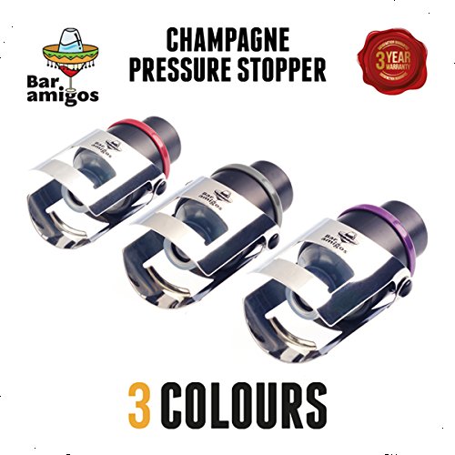 Bar Amigos ®, Triple Value Pack of 3 Champagne Pressure Stopper Sektflaschenverschluss Sekt und Champagnerflaschen Vorteilspaket 3 Stück Sekt Druck Stopper, violett, grau, rot, Saver Pumpe Sealer Innenkonservierer, mit patentierter Technologie und innovativen Datum Erinnerung Schalter halten ihr Fläschchen von Sekt Champaign Fresh für 7 Tage Plus – 3 Jahre Garantie auf Zufriedenheit, - 4