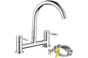 Maynosi Kitchen Sink Mixer Tap, 2 Hole Kitchen Mixer Tap, Dual Lever Bridge Faucet, 180 mm Centers Deck Mounted, 1/4 Turn, 360° Swivel Spout, Chrome Plated, Brass, Include Flexible Hoses