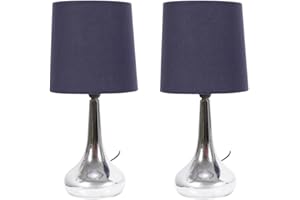ValueLights | Silver Chrome Teardrop Touch Dimmer Table Lamps with Navy Blue Shade | Home Décor, Bedside & Desk Lamp | Includes Bulb