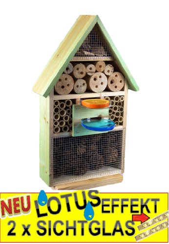 INSEKTENHOTEL,LOTUS-AUSFÜHRUNG (mit wasserabweisender Oberfläche), MIT 2 x SICHTGLAS ca. 8 mm und 11 mm (2 BEOBACHTUNGSRÖHRCHEN aus Glas, mit Zellstoff-Verschluss und Anflughilfe) MIT TRÄNKE SD und FUTTERPLATZ, Futterstelle, moosgrün grün natur Nistkasten Schmetterlinge Bienen Marienkäfer,Insektenkasten, Insektenhaus, funktionelle Garten Deko passend zum Vogelhaus oder Vogelhäuschen - 4