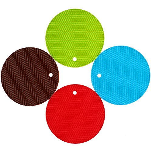 Giwox Küche Silikon-Matte Set 4 Mehrzweck-Silikon-Untersetzer, Mat, Topflappen, Jar-Opener, Spoon Rest, Knoblauch-Schäler-rutschfeste, Flexible, Hitze beständig und Geschirrspüler sichere Isolierung Mat (Runde)