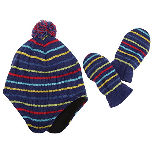Baby/Toddlers Boys Knitted Stripe Design Winter Hat & Mittens Set (3-6 Months) (Dark Blue)