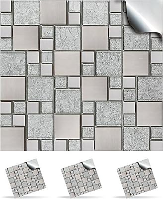 30 Stickers muraux de carrelage mosaïque auto adhésif pour des carreaux de 10cm –(30xTP 71- 4in- Silver Chrome)- Transferts de carrelage imprimé avec effet réaliste – Directement du fabricant : Tile Style Decals – Stickers de carrelage anti-huil…