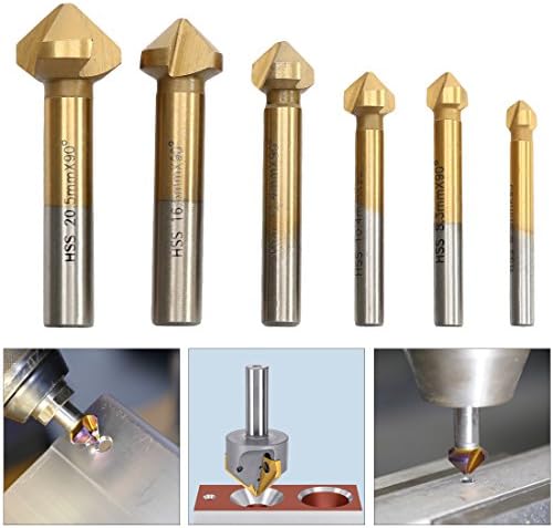 HSS Countersink Drill Bit Titanium Coated 6pcs 90 Degree 3 Flute 6.3-20.5mm Chamfer Cutter End Mill Cutting Tool Set
