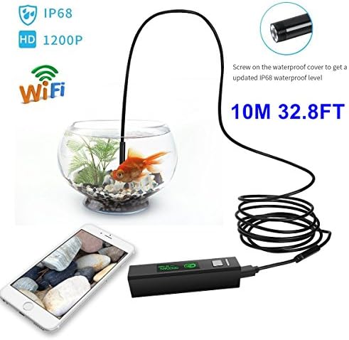 CACHOR Wireless Endoscope for IOS Android Smart Phone PC WIFI Borescope with 1200P HD IP68 Waterproof Camera Semi-rigid Snake flexible Cable for Inspection Motor Engine/Sewer/Pipe/Vehicle -Black 10M 32.8FT