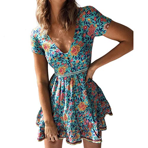 Button Short Dress, GreatestPAK Women's 2019 Newest Sexy Floral Prints V Neck Evening Party Holiday Beach Dresses S-XL