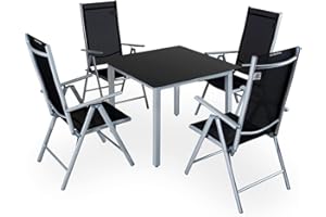 Casaria® Gartenmöbel Set 4 Stühle mit Tisch 90x90cm Aluminium Sicherheitsglas Wetterfest Klappbar Modern Terrasse Balkon Möbel Sitzgruppe Garnitur Bern