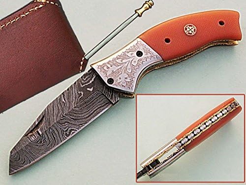 HANDMADE 18CM AWESOME FOLDING POCKET KNIFE MADE WITH REAL DAMASCUS STEEL WITH G10 MATERIAL HANDLE AND ENGRAVED BOLSTERS:(BDM-77) (LEGAL TO CARRY)