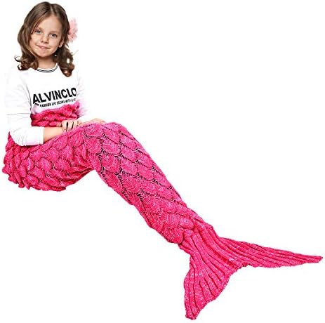 eCrazyBaby Wearable Mermaid Tail Blanket Crochet, All Seasons Warm Knitted Bed Blankets Sofa Living Room Quilt for Kids, Fish-Scales Pattern, 55.1" x 27.6" (140 x 70cm), Rose