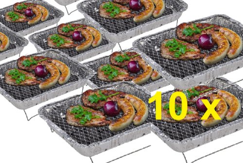 10 x Komplettset Einweggrill Edelstahl Grill Holzkohlegrill Klappgrill Gartengrill Picknickgrill MIT…
