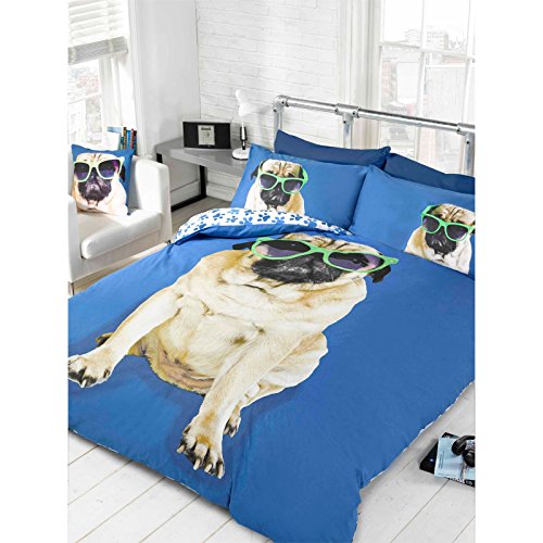 Just Contempo Cool Pug Duvet Cover Set, King, Blue