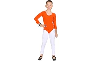 Janisramone Girls Plain Long Sleeve Round Neck Microfibre Bodysuit Kids Stretch Dance Gymnastics Leotard Top